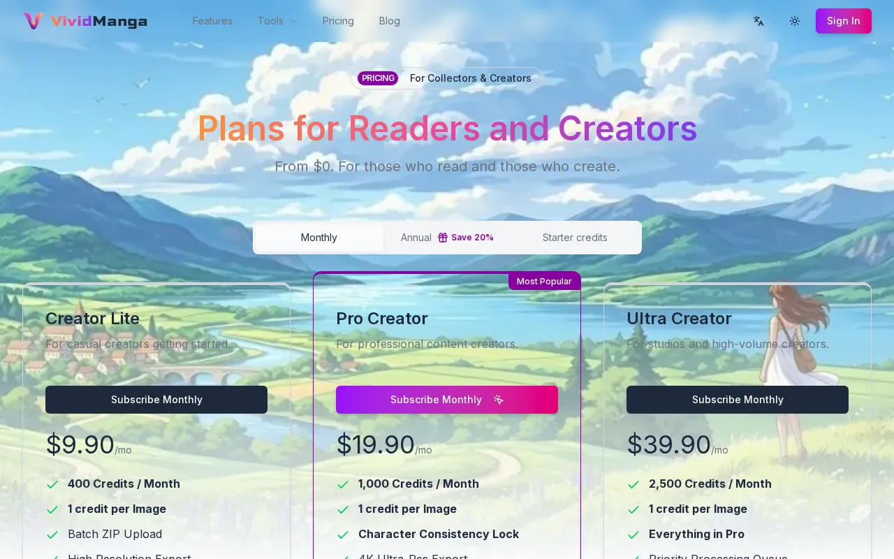 Colorize Manga Online — pricing page