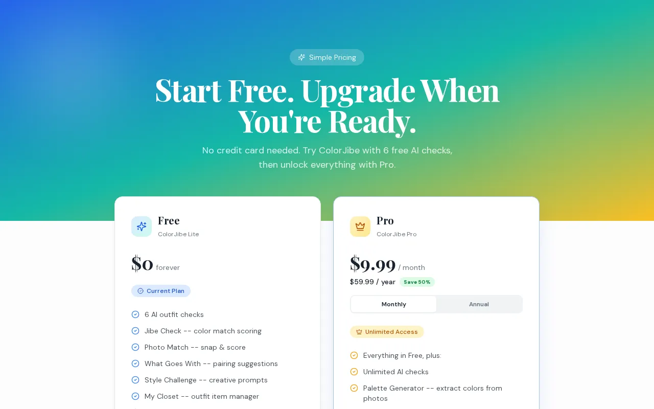 ColorJibe — pricing page