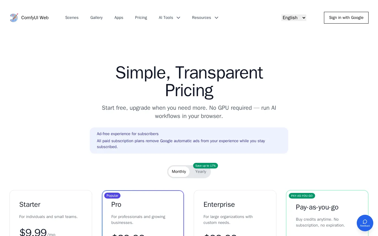 ComfyUI Web — pricing page