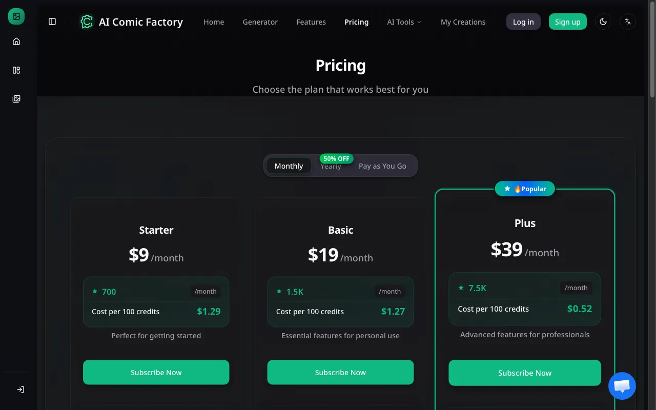 Comic Factory — pricing page