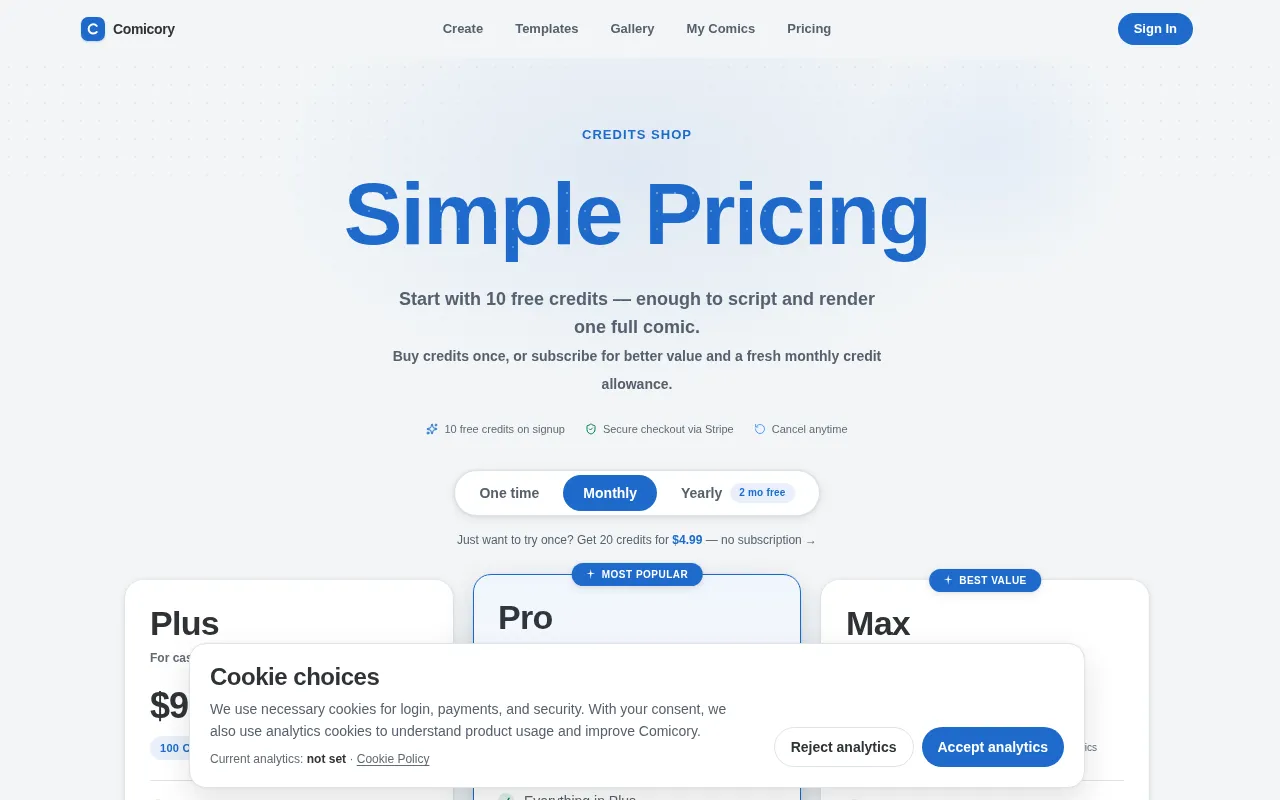 Comicory — pricing page