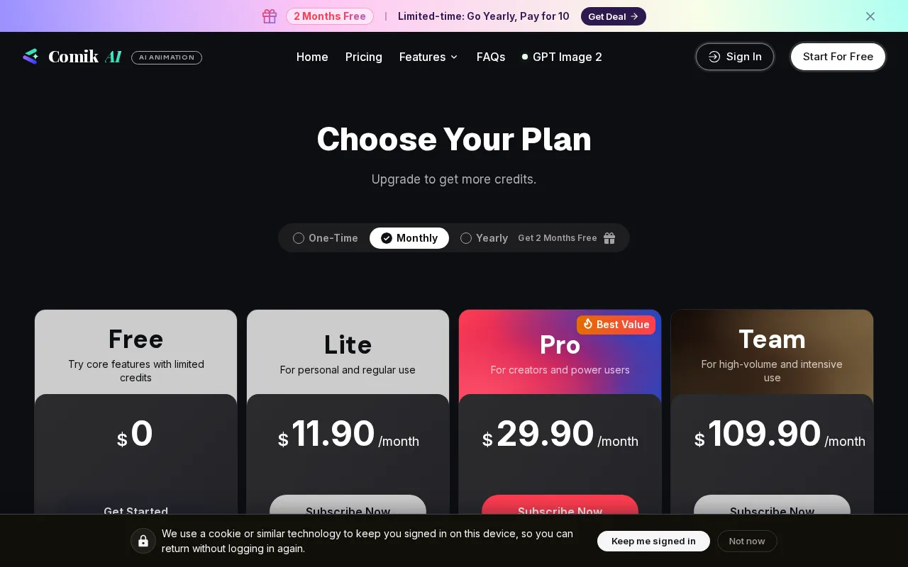Comik AI — pricing page