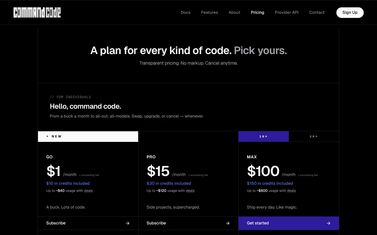 Command Code AI — pricing page