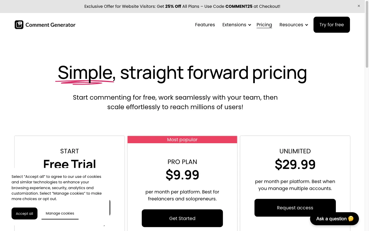 Comment Generator — pricing page