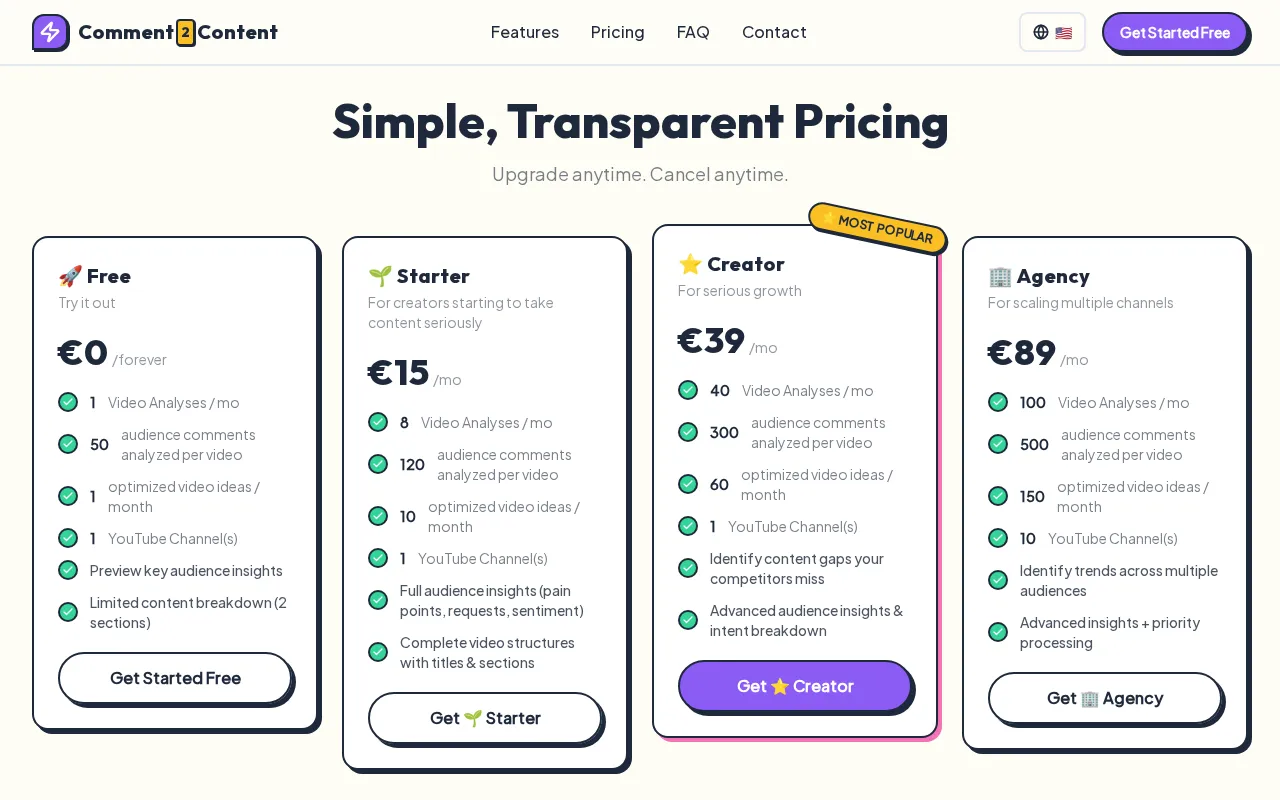 Comment2Content — pricing page