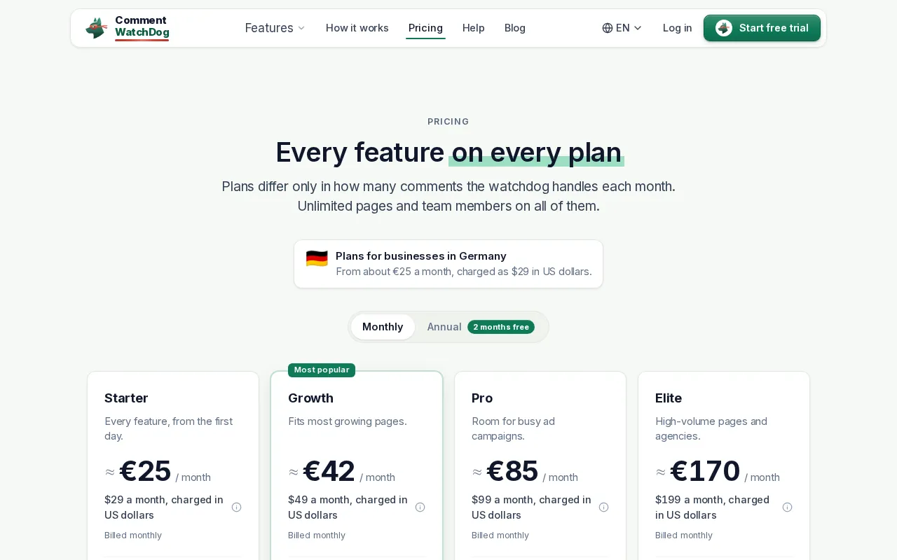 CommentWatchDog — pricing page