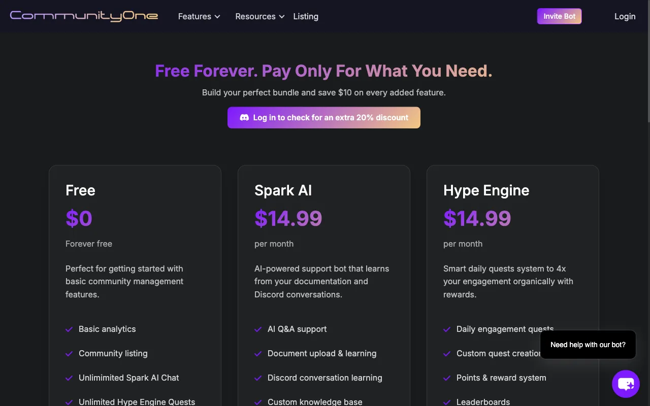 CommunityOne Discord AI Bot & Discord Analytics — pricing page