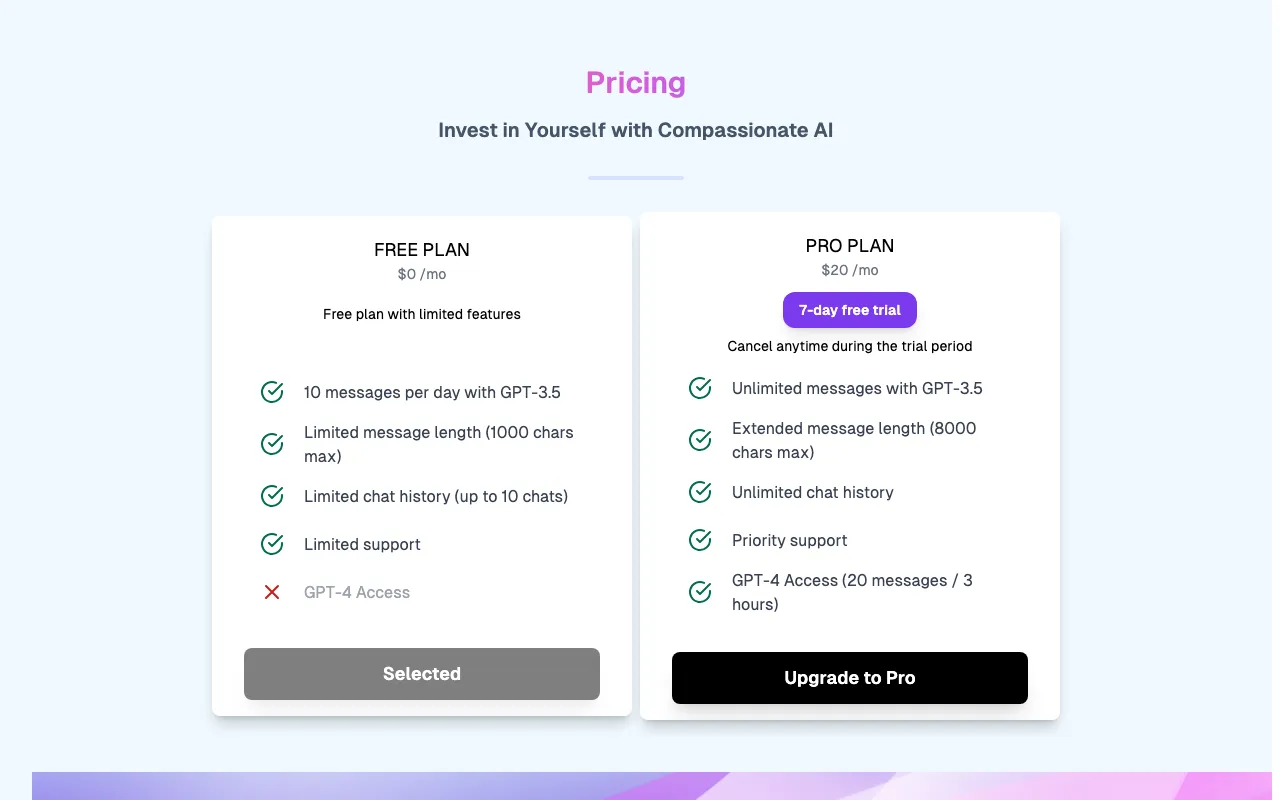 Compassionate AI — pricing page