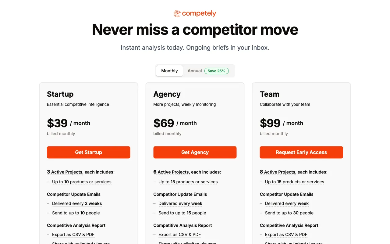Competely — pricing page