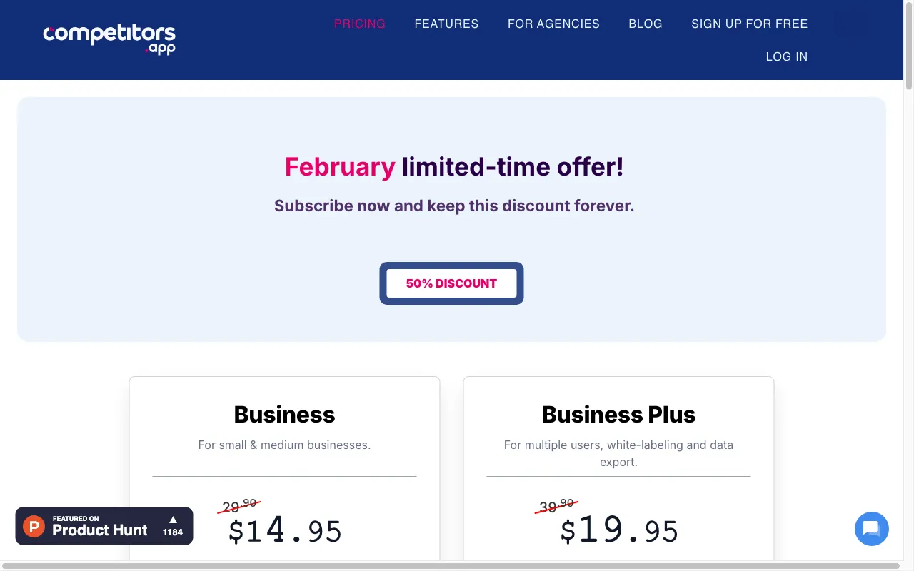 Competitors App — pricing page