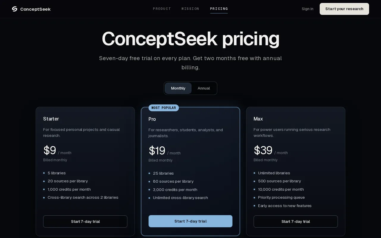 ConceptSeek — pricing page