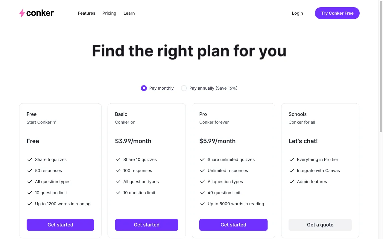 Conker — pricing page