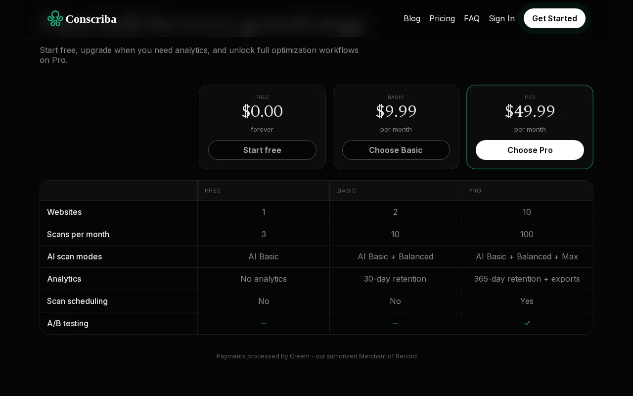 Conscriba — pricing page