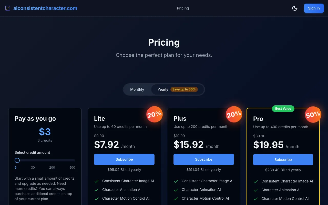 aiconsistentcharacter.com — pricing page
