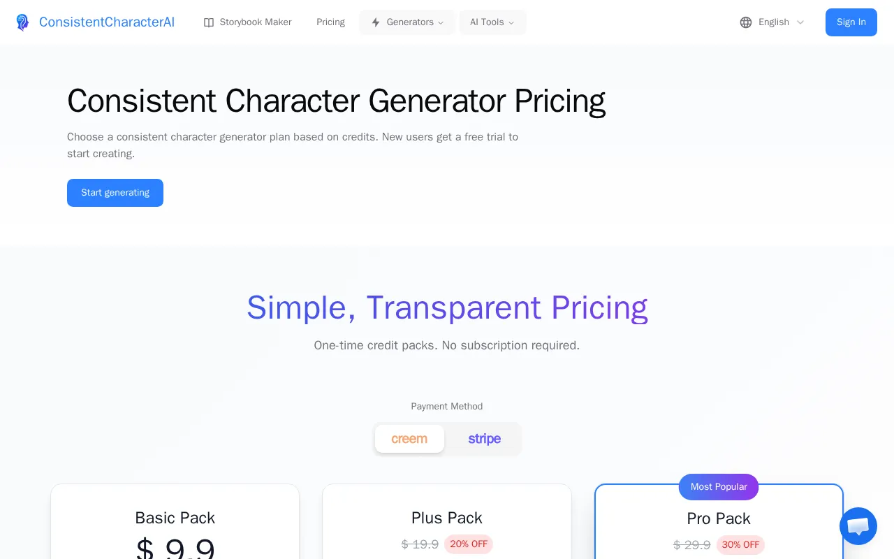 ConsistentCharacterAI — pricing page
