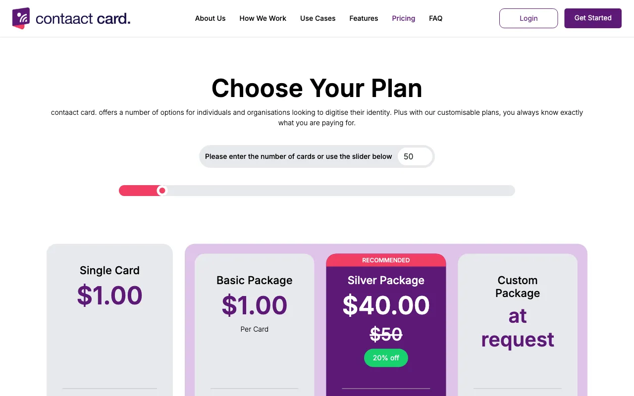 contaact card. — pricing page