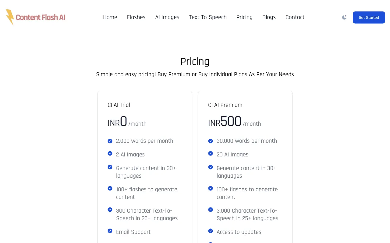 Content Flash AI — pricing page