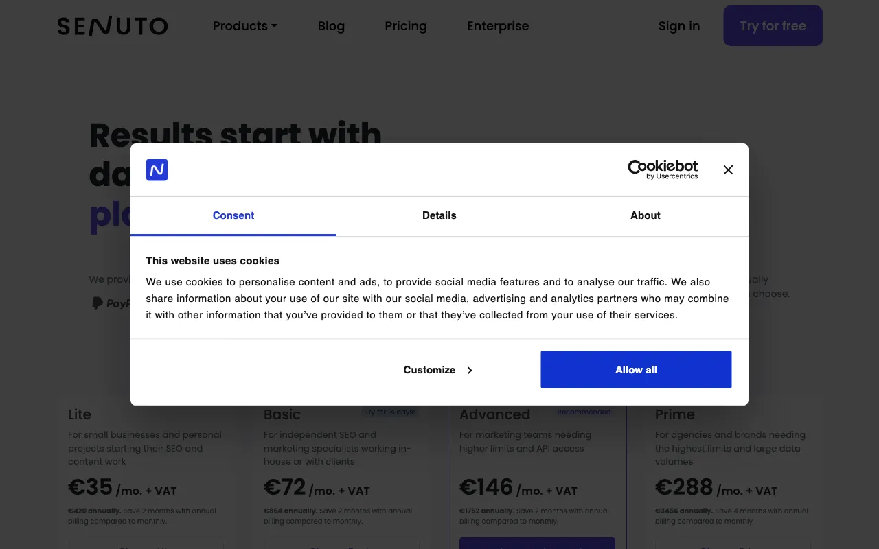 Content Suite by Senuto — pricing page