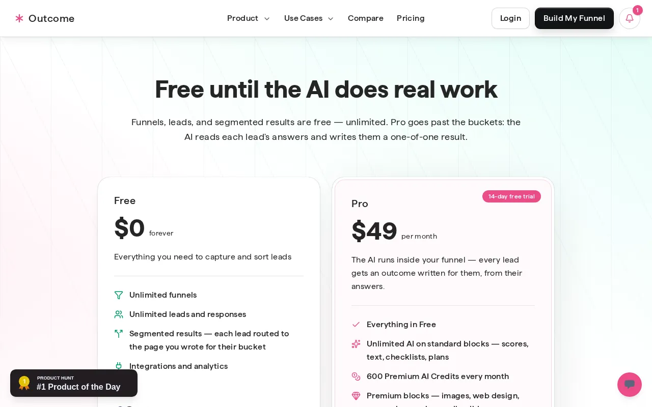 Outcome — pricing page