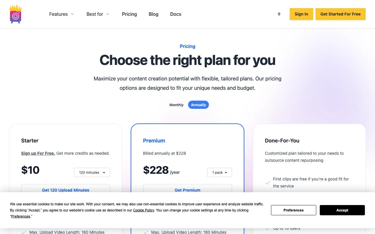 Contentfries — pricing page