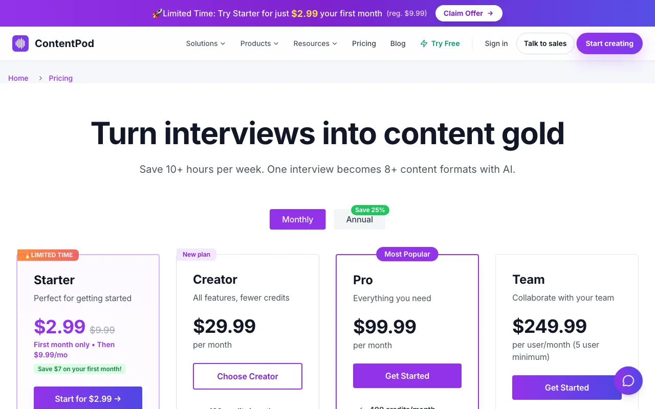 ContentPod — pricing page