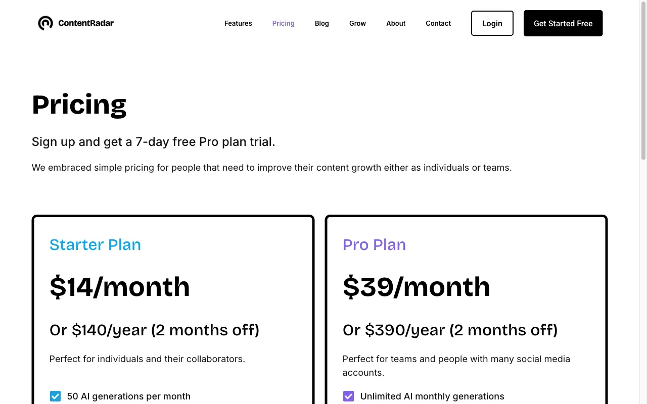 ContentRadar — pricing page