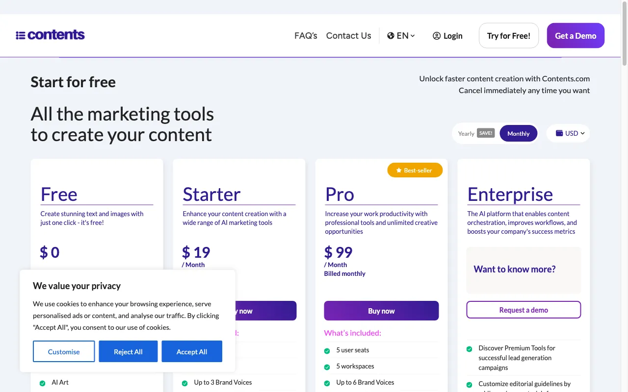 Contents — pricing page