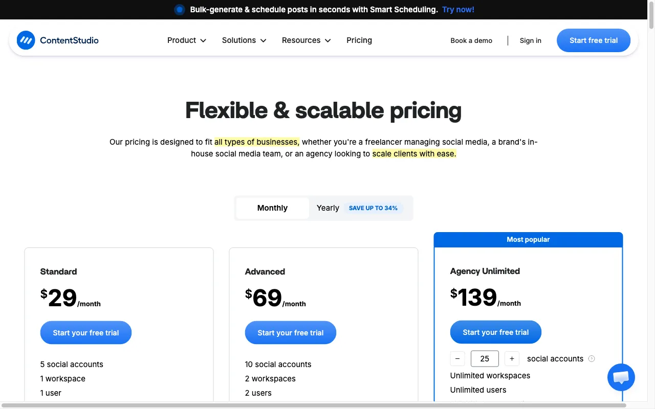 ContentStudio — pricing page