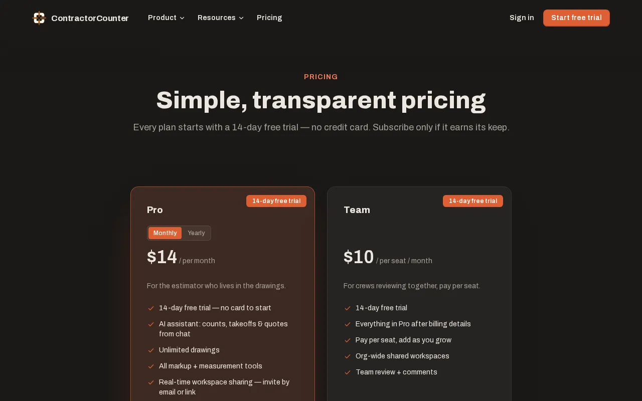 ContractorCounter — pricing page
