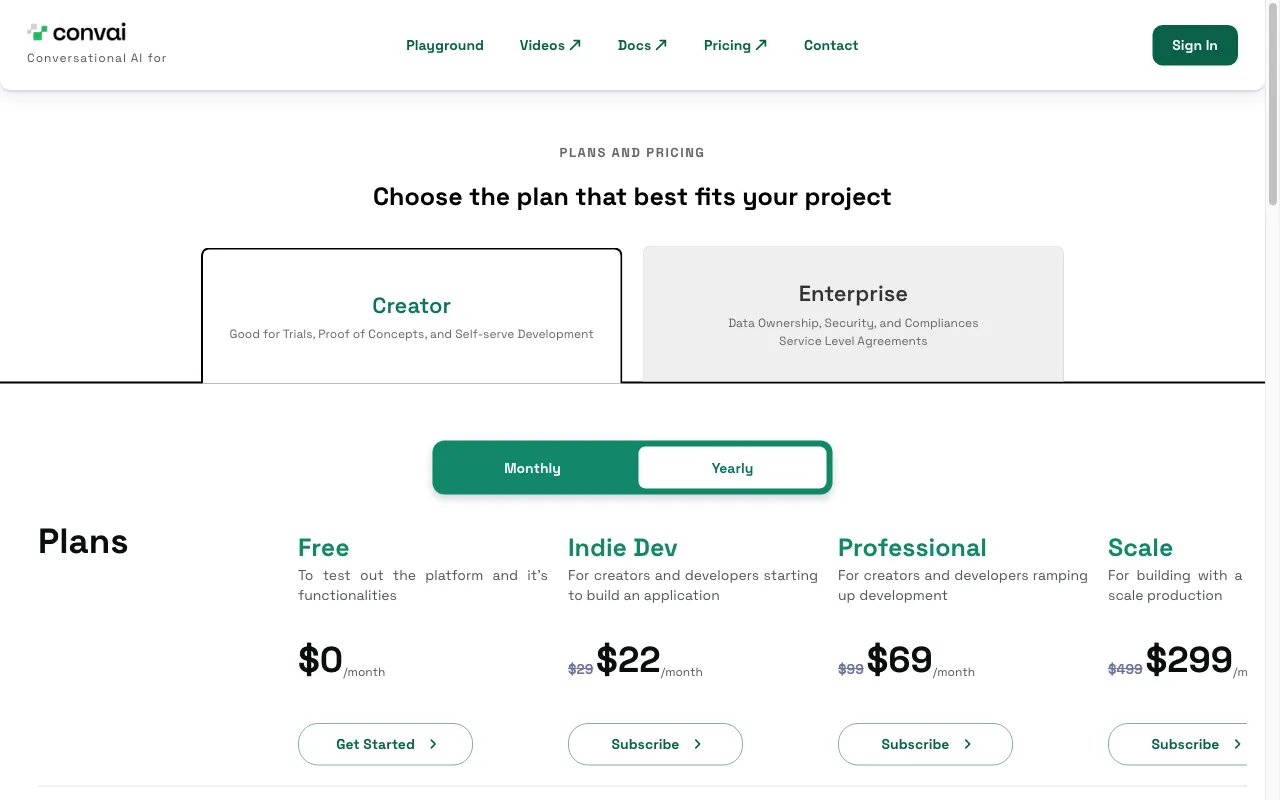 Convai — pricing page