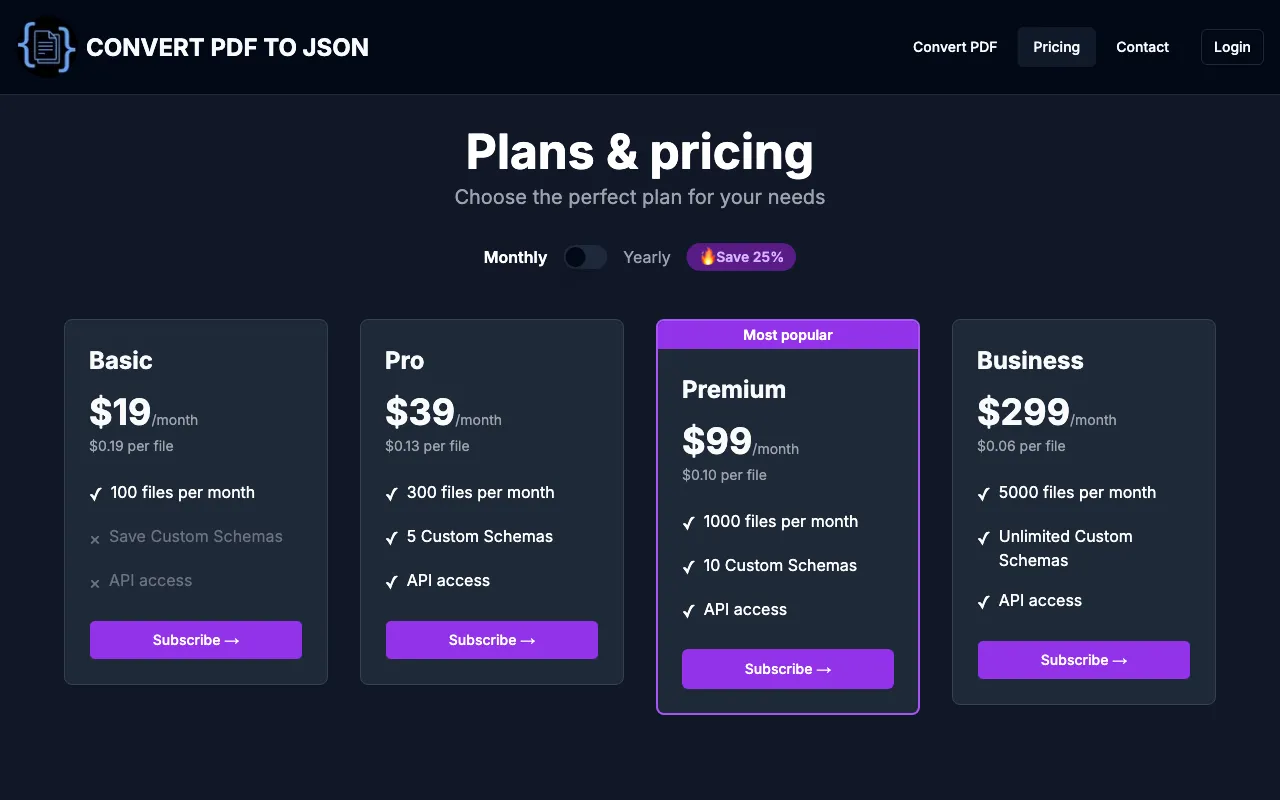 Convert PDF to JSON — pricing page