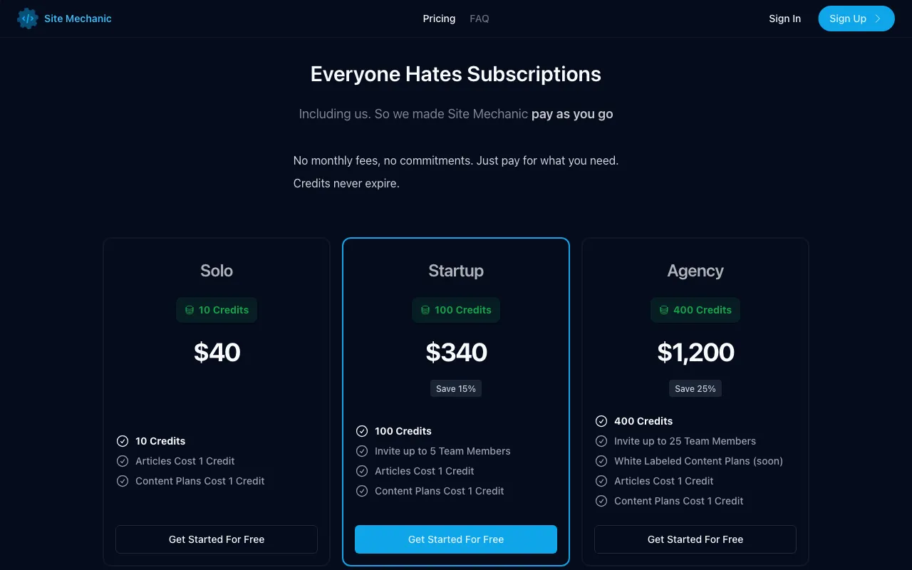 Site Mechanic AI — pricing page
