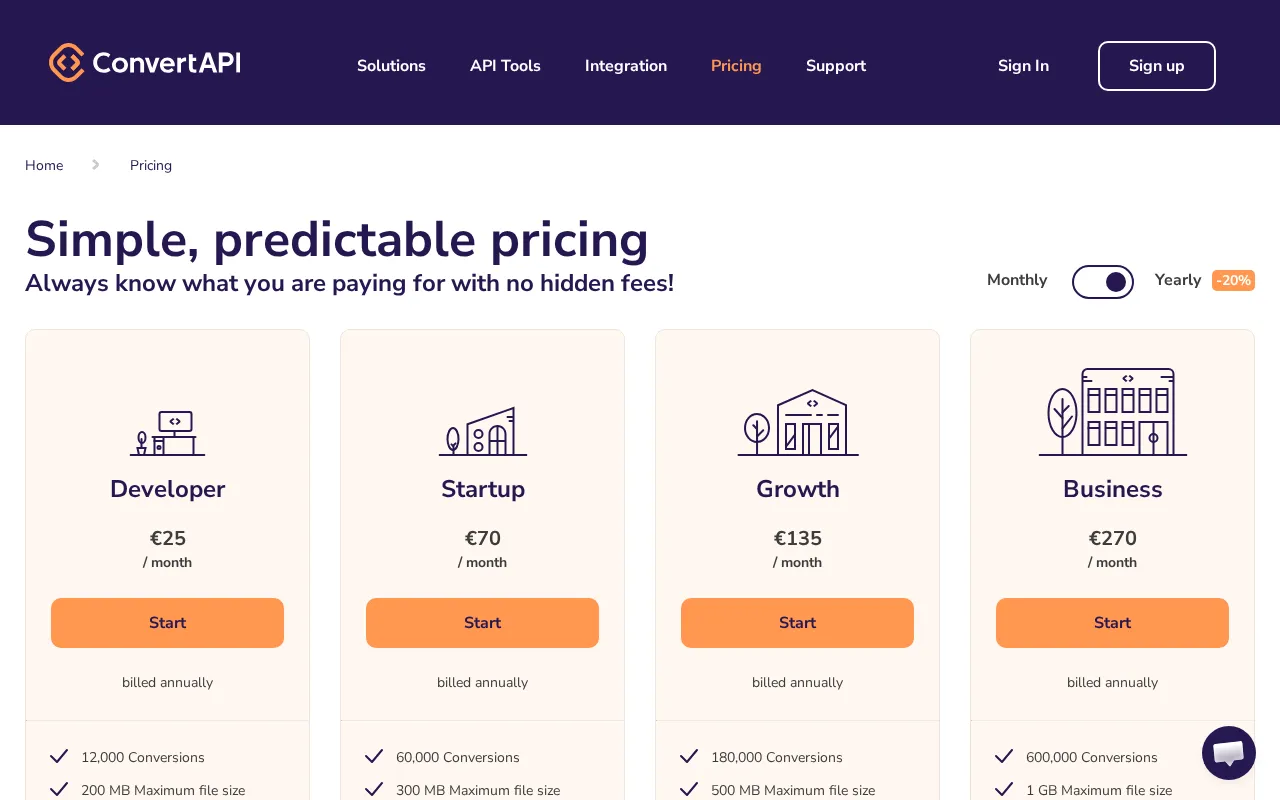 Convertapi — pricing page