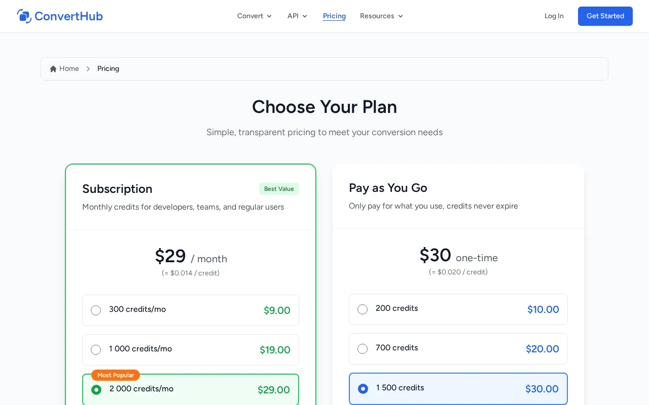 Converthub — pricing page