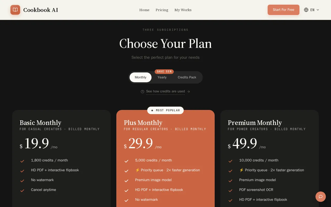 Cookbook AI — pricing page