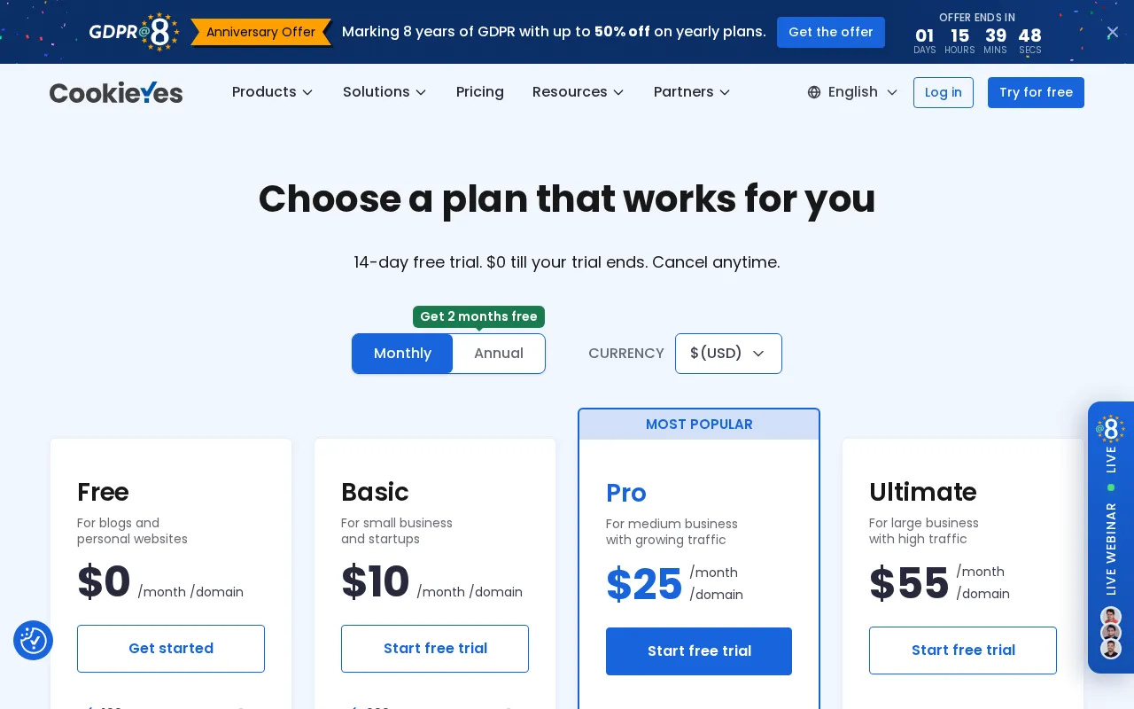 CookieYes — pricing page
