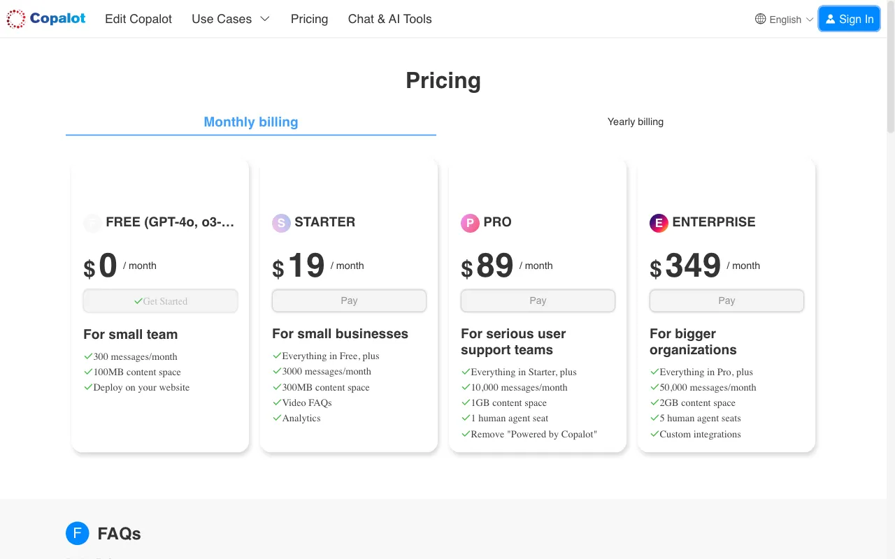 Copalot AI Support — pricing page