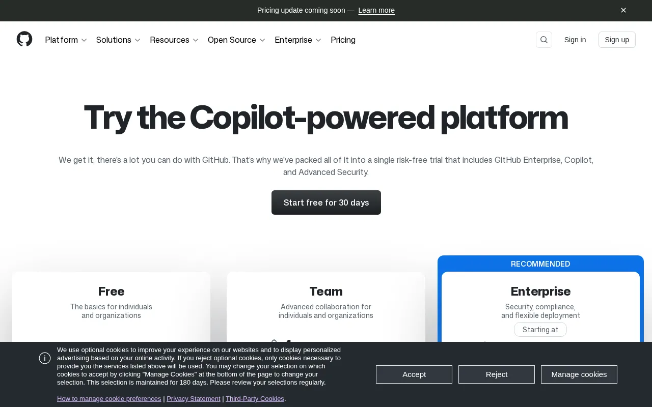 GitHub Copilot — pricing page