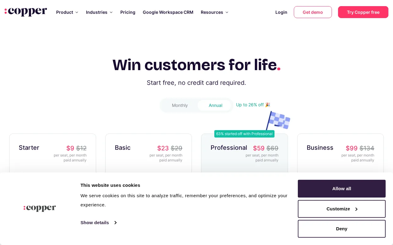 Copper CRM — pricing page