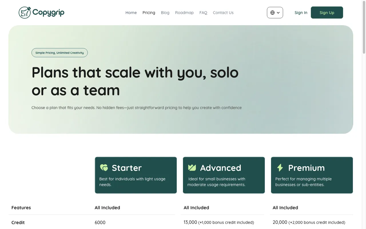 Copygrip — pricing page