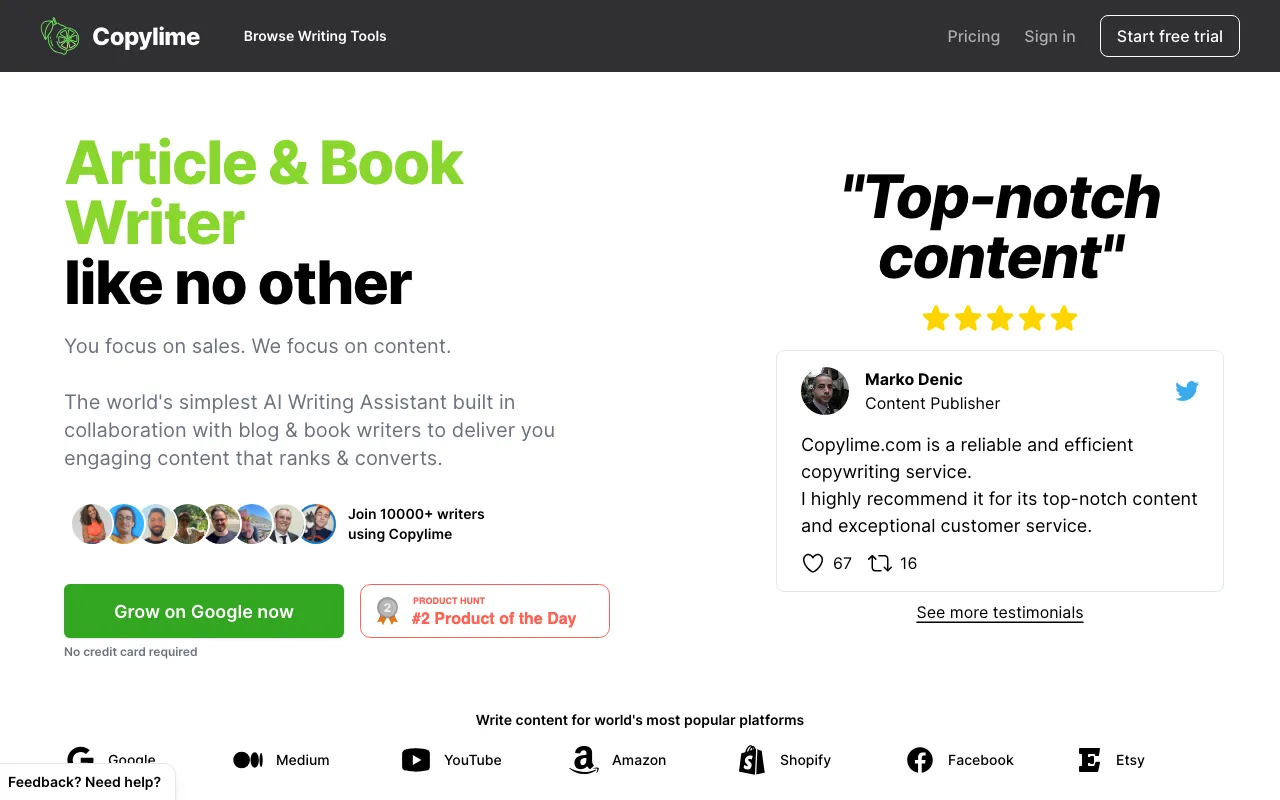 Copylime.com — pricing page