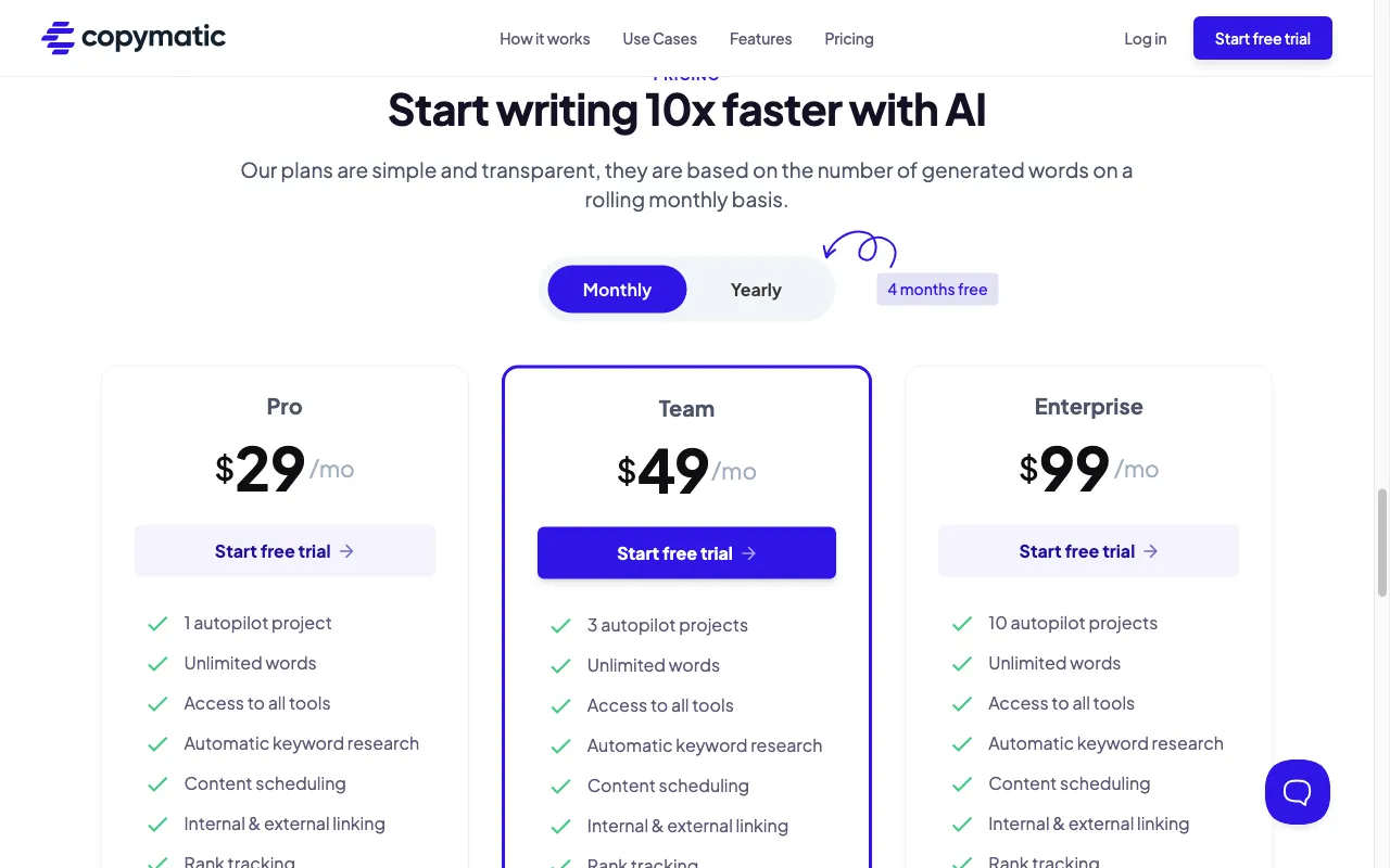 Copymatic — pricing page