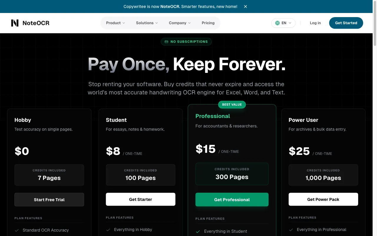 NoteOCR — pricing page
