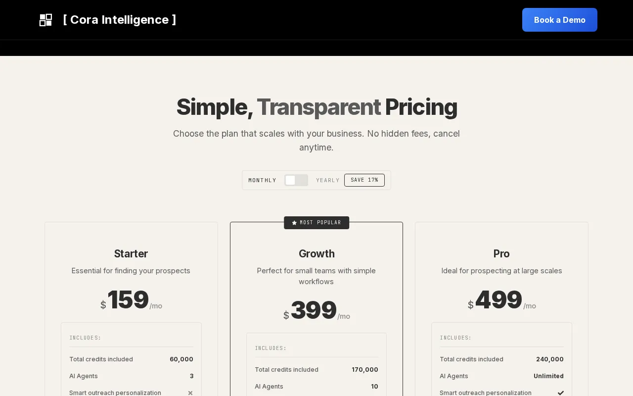 Cora Intelligence — pricing page