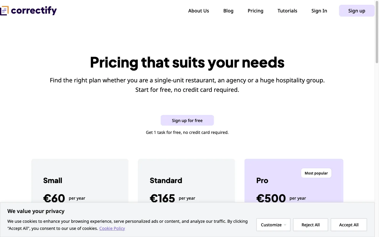 Correctify — pricing page