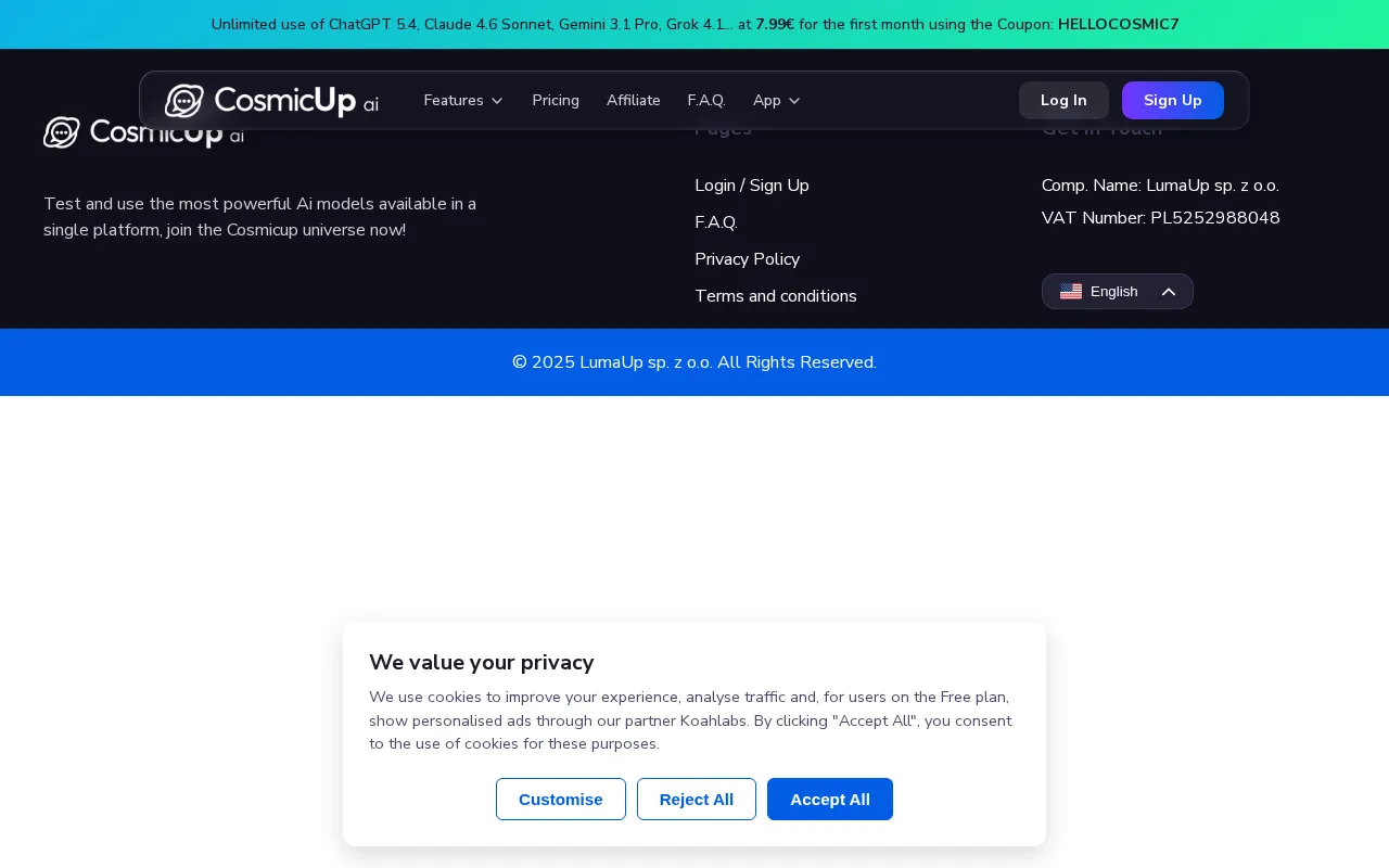 CosmicUp — pricing page