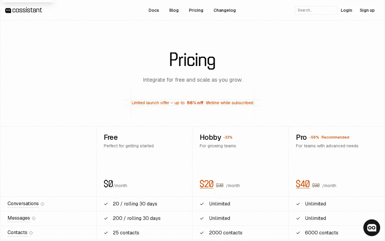 Cossistant — pricing page