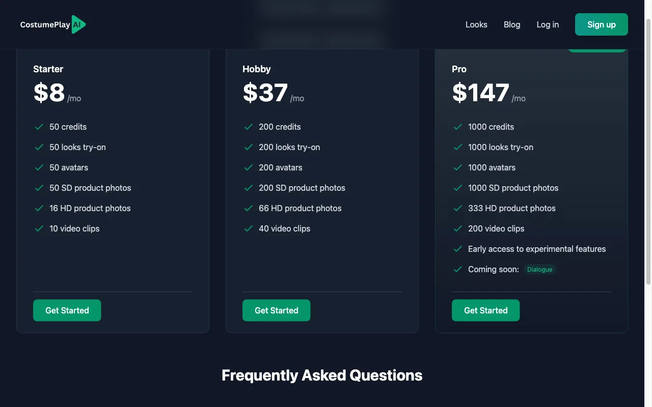 CostumePlay AI — pricing page