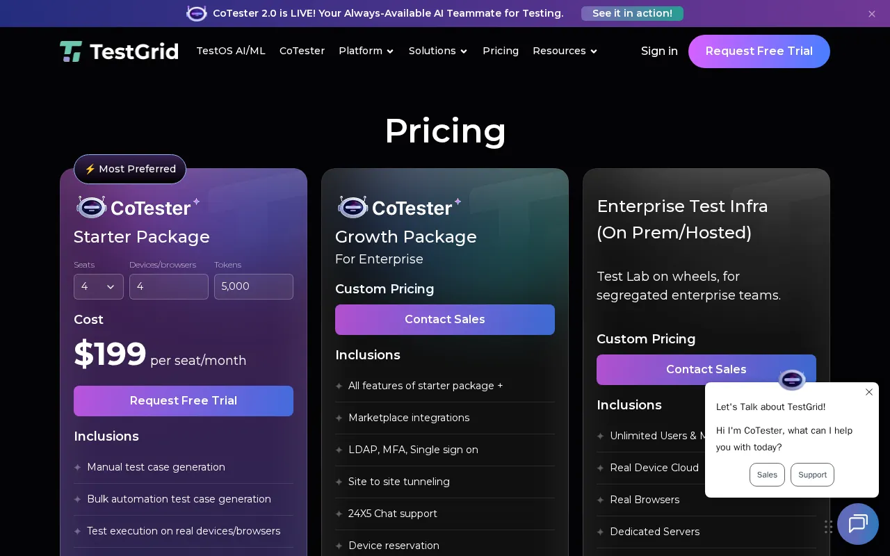 CoTester by TestGrid — pricing page