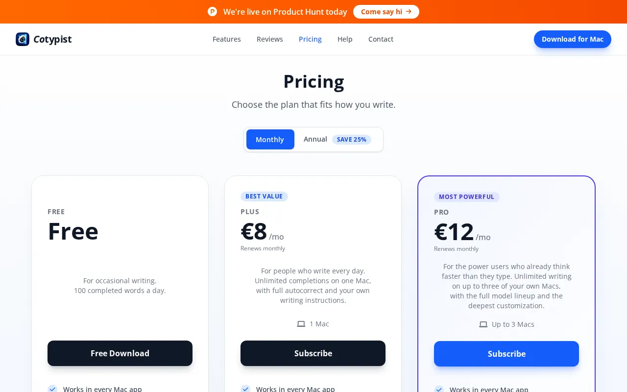 Cotypist — pricing page